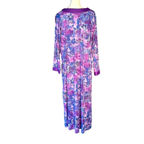 VTG Purple Floral Silky Long-Sleeve Robe Loungewear Zipper Pockets Size L Womens - Picture 2 of 14